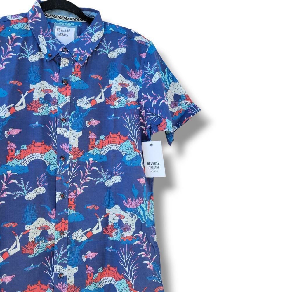 Reverse Threads Men’s Scuba Reef Print Navy Button-Down Shirt Small Cotton New - Picture 2 of 6